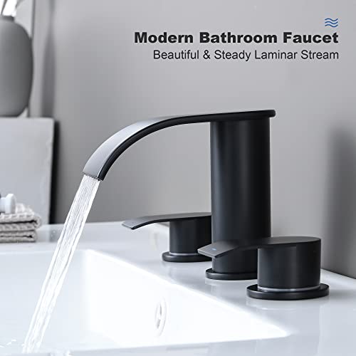 Matte Black Waterfall Bathroom Faucets for Sink 3 Hole - Widespread Bathroom Faucet Two Handles 8 Inch, Modern Bathroom Sink Faucet, with Metal Pop Up Drain Assembly & Supply Lines