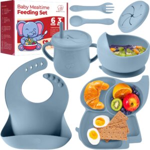 mummentos silicone baby feeding set, 8 pcs premium toddler utensils, baby feeding supplies, complete baby led weaning utensils -plate, bowl, baby bibs, cups, baby spoon and baby forks for self feeding