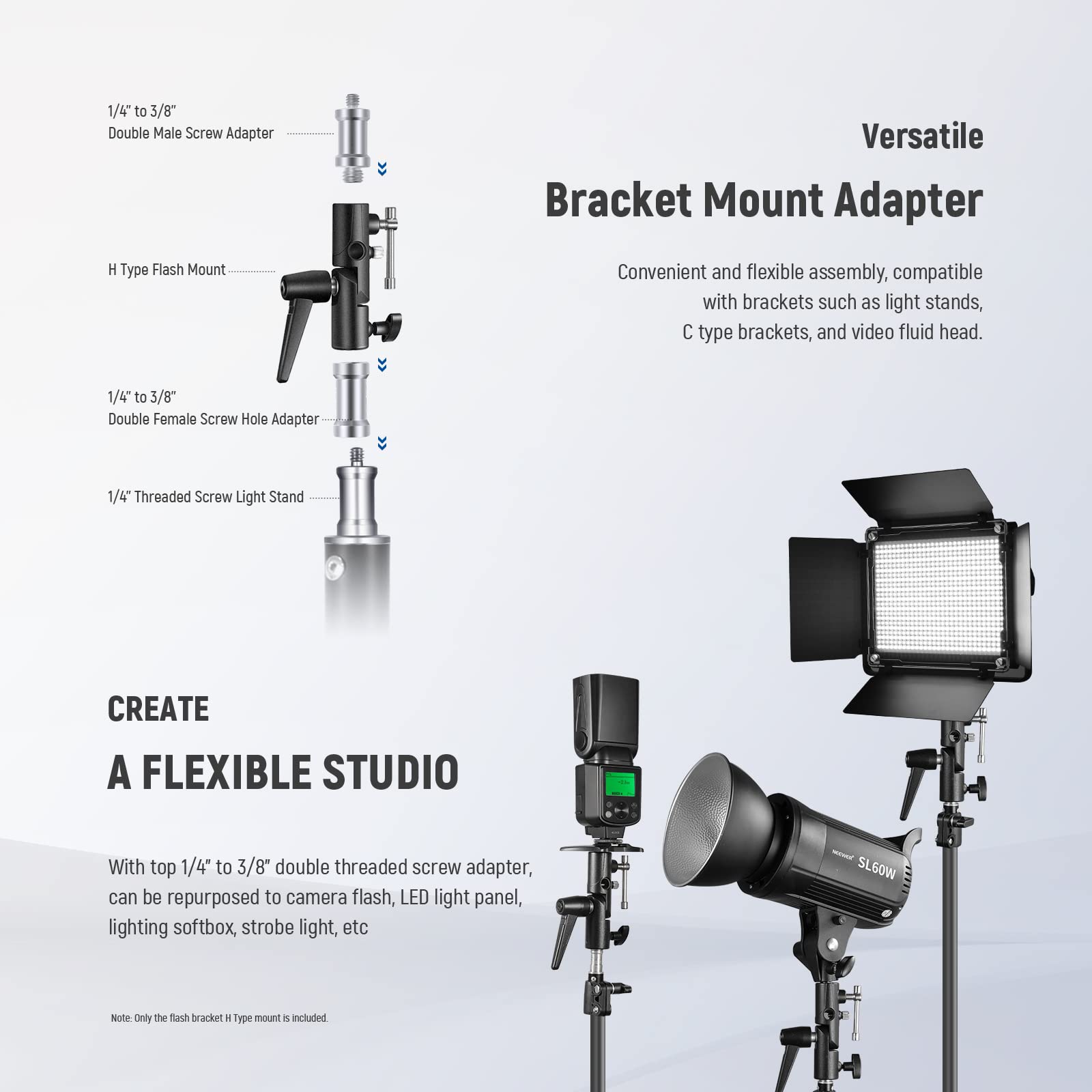 NEEWER Camera Flash Bracket H Type Mount with Umbrella Softbox Holder, 180° Swivel Adjustable Metal Light Stand Adapter with 1/4" to 3/8" Screw Adapter for Speedlite LED Light Stand Tripod (2 Pack)