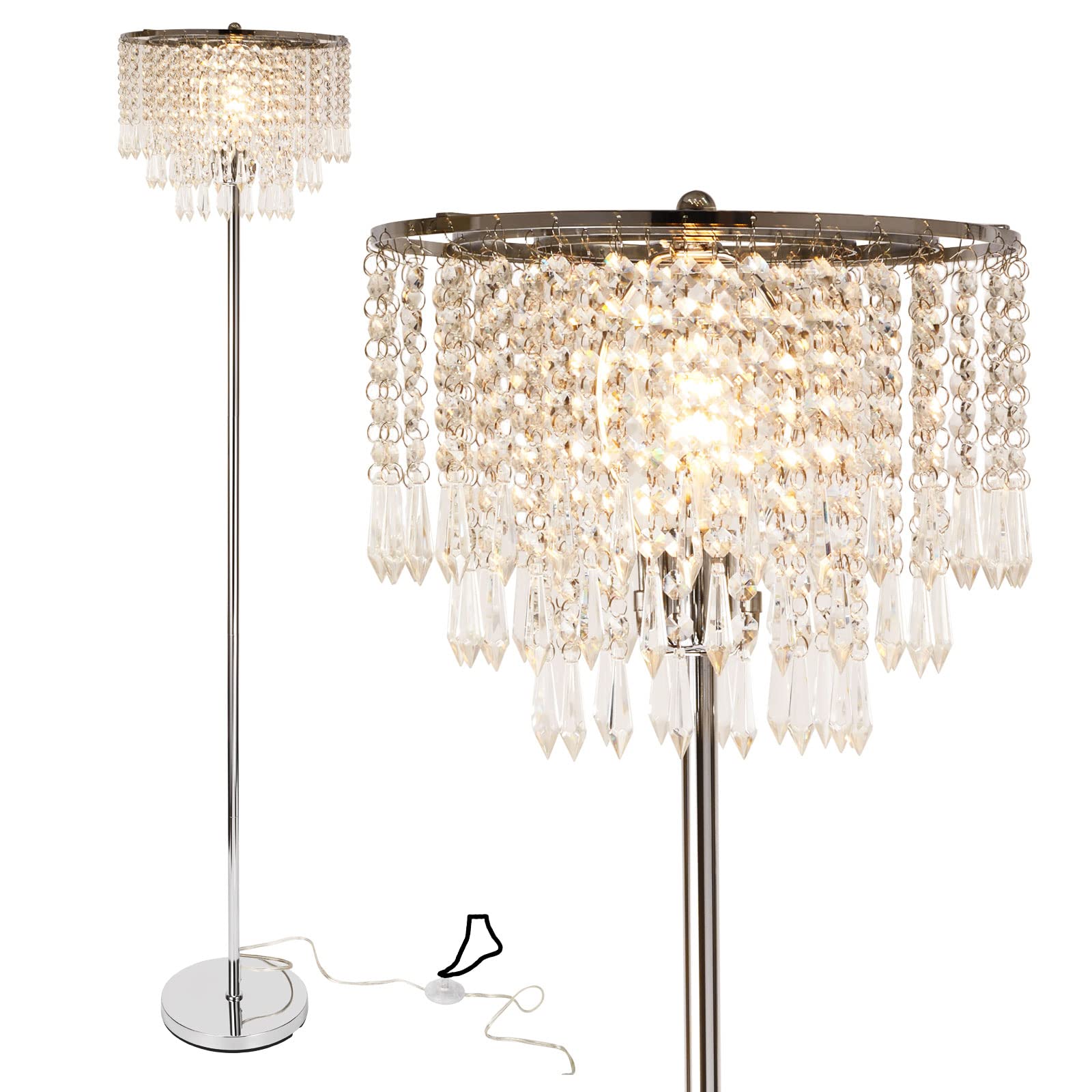 Crystal Floor Lamp, Triper-Layer Lampshade Crystal Floor Lamp for Bedroom Living Room, Modern Floor Lights with Foot Switch for Office, 66.92" Tall Pole Lamp, Elegant Chrome Finish, Bulb NOT Included