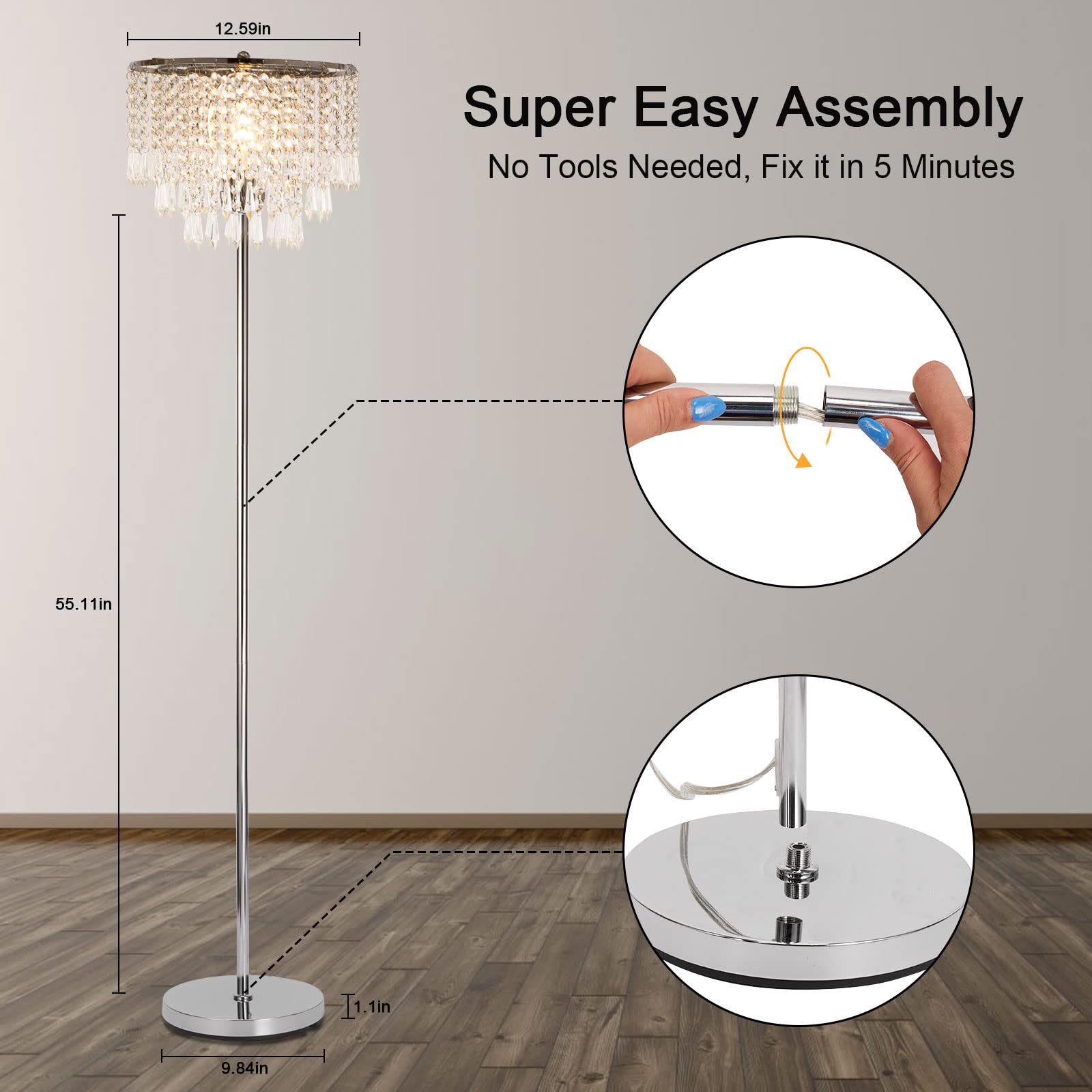 Crystal Floor Lamp, Triper-Layer Lampshade Crystal Floor Lamp for Bedroom Living Room, Modern Floor Lights with Foot Switch for Office, 66.92" Tall Pole Lamp, Elegant Chrome Finish, Bulb NOT Included