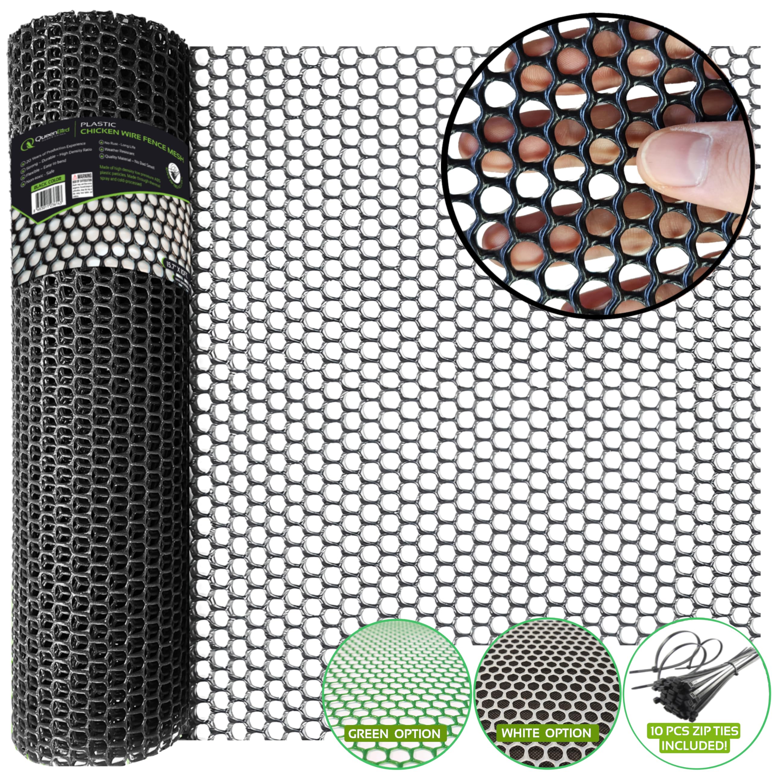 QueenBird Upgraded Plastic Chicken Wire Fence Mesh - 15.7IN x 10FT- Black/Green/White Colors - Hexagonal Fencing for Gardening - Poultry Netting, Floral Netting, Plastic Chicken Wire Mesh Roll (Black)