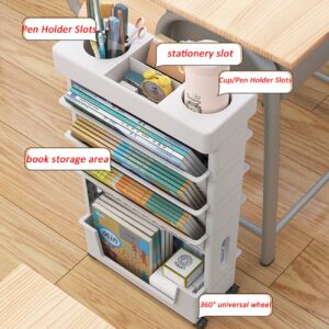 Movable Classroom Deskside Bookshelf, Compact Desk Storage Organizer with Caster Wheels, Slim Storage Trolley for Books, Corner Display Rack for Dorm Library, Multi-purpose Rolling Cart, 5-Tier