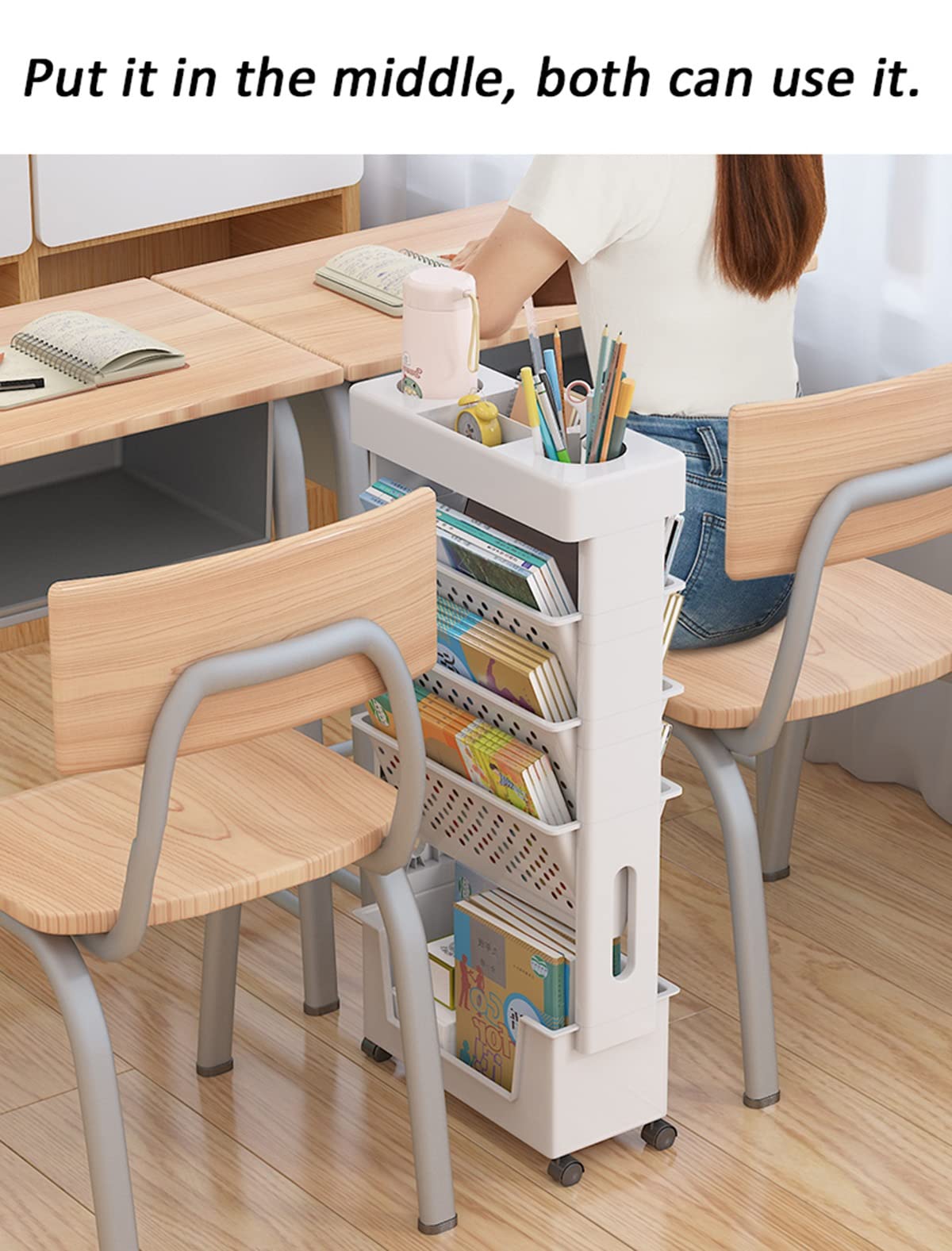 Movable Classroom Deskside Bookshelf, Compact Desk Storage Organizer with Caster Wheels, Slim Storage Trolley for Books, Corner Display Rack for Dorm Library, Multi-purpose Rolling Cart, 5-Tier