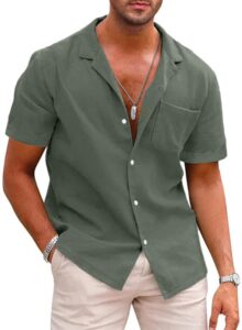 jmierr men's cotton linen hawaiian shirt - casual button down, cuban collar, short sleeve, pocket, us 43(l), green