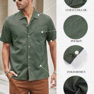 JMIERR Men's Cotton Linen Hawaiian Shirt - Casual Button Down, Cuban Collar, Short Sleeve, Pocket, US 43(L), Green