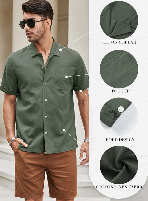 JMIERR Men's Cotton Linen Hawaiian Shirt - Casual Button Down, Cuban Collar, Short Sleeve, Pocket, US 43(L), Green