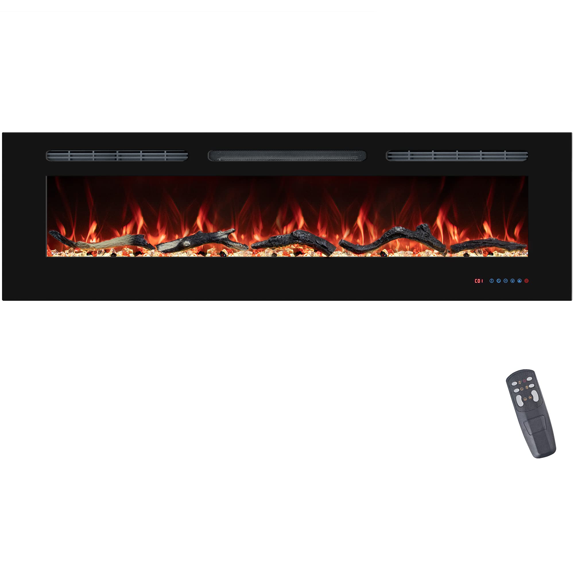 VINEMOUNT 50" Electric Fireplaces Inserts, Recessed & Wall-Mounted Fireplace Heater with Thermostat, Multicolor Flames,Timer, Log & Crystal