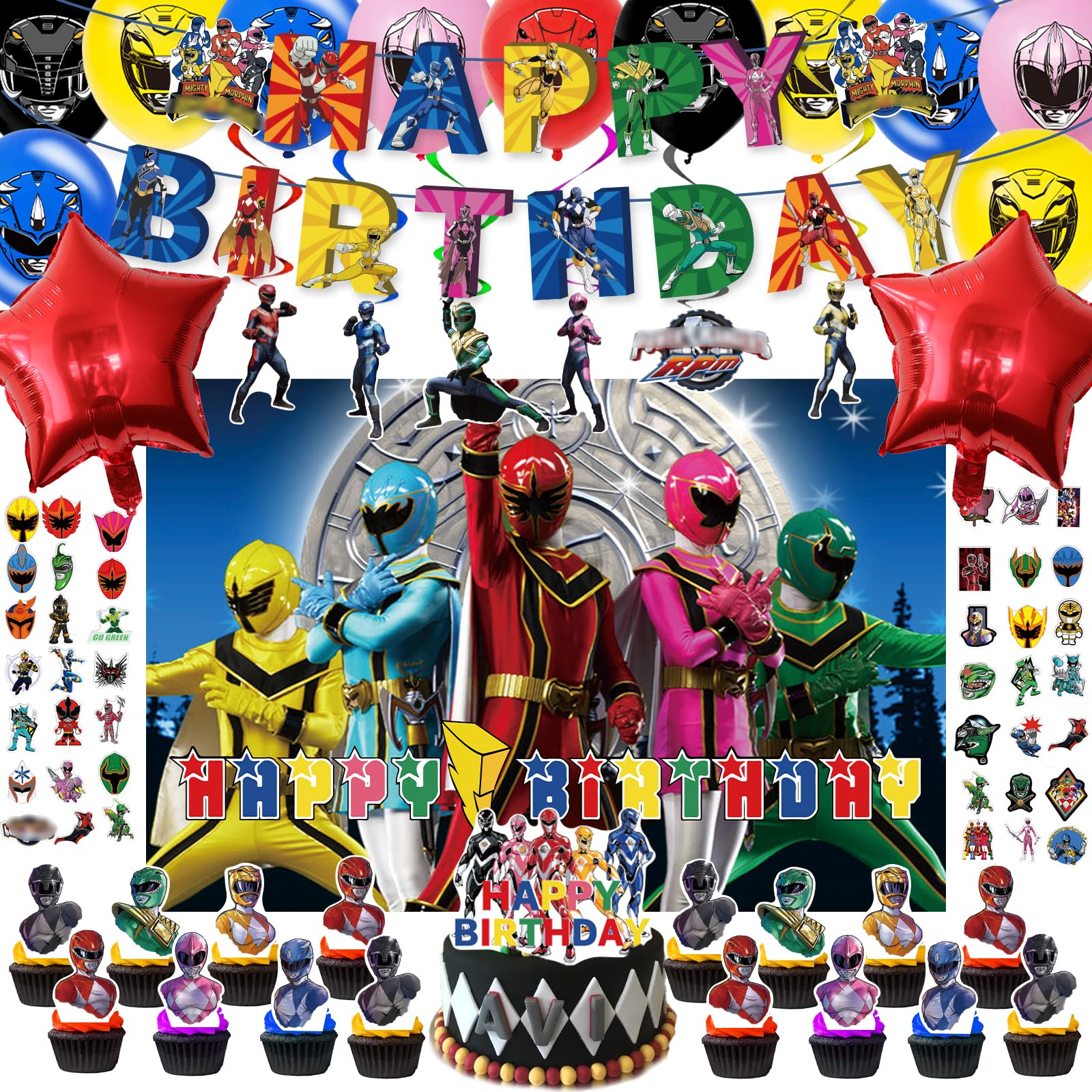 109pcs Cartoon Party Suppliesincludes Birthday Banner, Cake Topper, Cupcake Toppers, Balloons, Tablecloth，Backdrop02