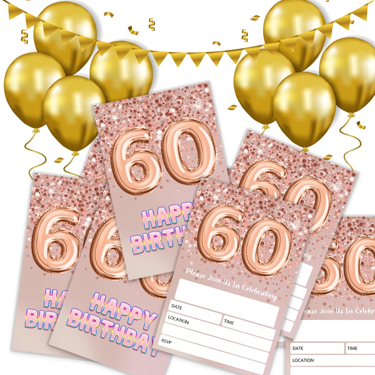 SHLINCO 60th Birthday Invitations Rose Gold Glitter Birthday Party, 60 Birthday Invitations for Girls, Party Celebration, Birthday Party Supplies (20 Invitations + Envelopes)