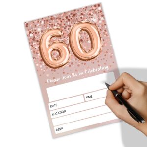 SHLINCO 60th Birthday Invitations Rose Gold Glitter Birthday Party, 60 Birthday Invitations for Girls, Party Celebration, Birthday Party Supplies (20 Invitations + Envelopes)