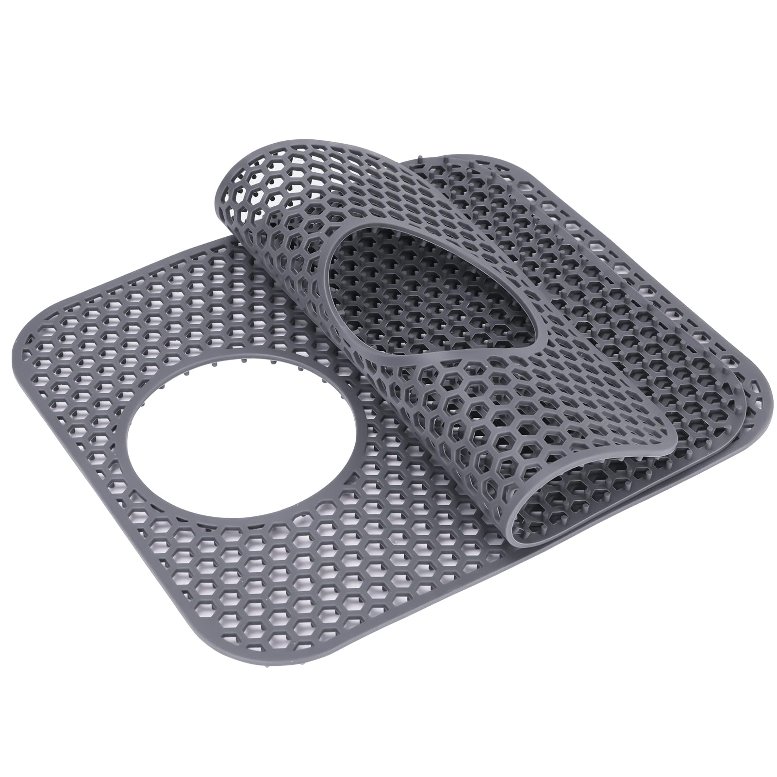 LONGFITE Sink Protector Mats 2 Pcs Silicone Kitchen Sink Mat Draining Heat Proof Mat with Rear Center Drain (Rear Drain)