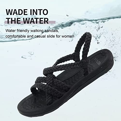 MEGNYA Comfortable Hiking Sandals for Womens, Casual Arch Support Walking Slide for Shock Absorber, Lightweight Wadable Beach Sandals for Vacation, Hanging Out Black Size 8