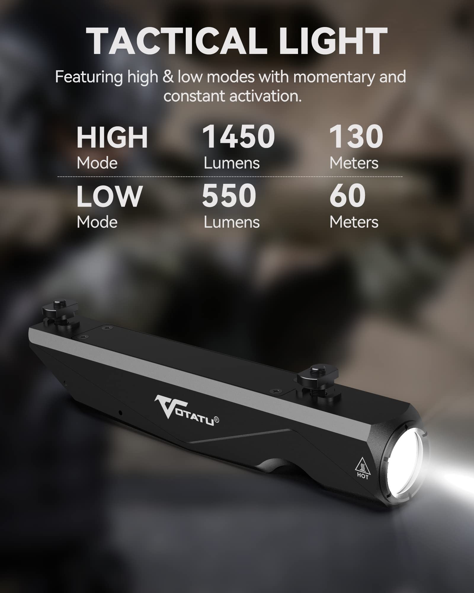 VOTATU ML40 1450 Lumens Weapon Light Compatible with M-Lok Rail Surface, Tactical Flashlight for Rifle, Strobe Function, Magnetic Rechargeable