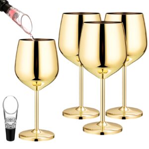 4 pcs 18 oz stainless steel wine glass with 2 wine aerator pourer spout stemmed unbreakable metal wine glasses gold goblet champagne glasses for wedding anniversary party(gold)