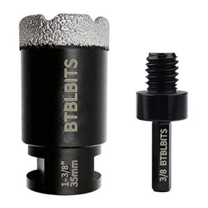 btblbits dry diamond core drill bit 1-3/8 inch (35mm) tile diamond hole saw for angle grinder porcelain ceramic marble brick granite vacuum brazed with 5/8-11 thread plus 3/8 inch hex shank adapter