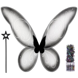 funcredible fairy costume accessories - black fairy wings and fairy star wand, glitter - tooth fairy cosplay outfit for women and girls