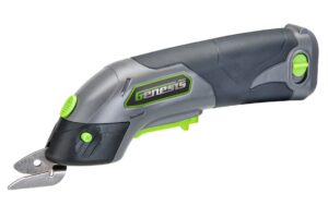 genesis cordless electric scissors, 8v lithium-ion battery, charger, and 2 year warranty for cutting cardboard, carpet, fabric, and plastic (glss08b)