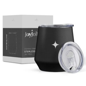 joyjolt tri-insulated wine tumbler with lid pack. 12 oz tumbler, slider and straw lids. vacuum double walled stainless steel stemless wine glass, copper lined for very cold drinks, travel and camping