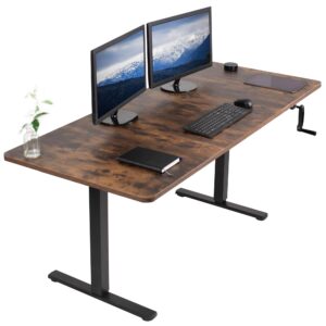 vivo manual height adjustable 71 x 30 inch stand up desk, rustic vintage brown table top, black frame, standing workstation with foldable handle, desk-kit-mb7n