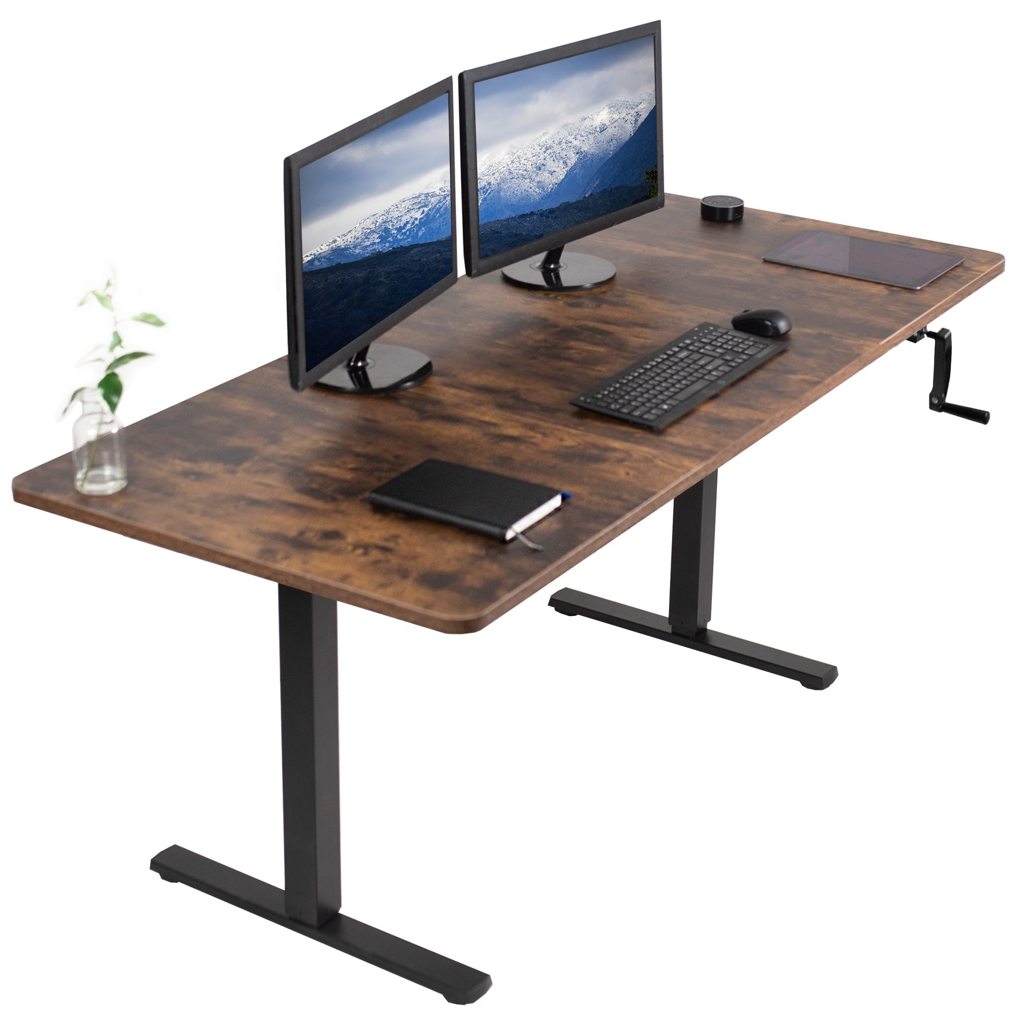 VIVO Manual Height Adjustable 71 x 30 inch Stand Up Desk, Rustic Vintage Brown Table Top, Black Frame, Standing Workstation with Foldable Handle, DESK-KIT-MB7N