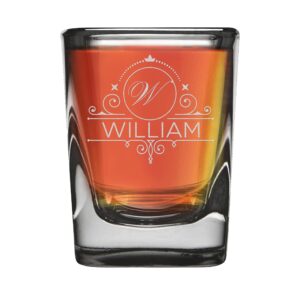 personalized monogram laser engraved square heavy base prism shot glass 2 oz. with optional gift box, custom initial name gifts for him, her
