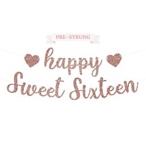 pre-strung happy sweet sixteen birthday banner - no diy - rose gold glitter sweet 16 party banner - pre-strung garland on 8 ft strands - rose gold birthday party decoration. did we mention no diy?