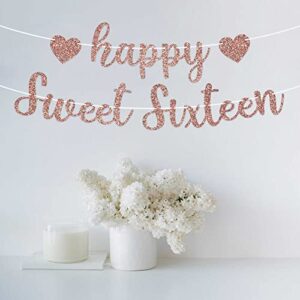 Pre-Strung Happy Sweet Sixteen Birthday Banner - NO DIY - Rose Gold Glitter Sweet 16 Party Banner - Pre-Strung Garland on 8 ft Strands - Rose Gold Birthday Party Decoration. Did we mention no DIY?