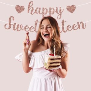 Pre-Strung Happy Sweet Sixteen Birthday Banner - NO DIY - Rose Gold Glitter Sweet 16 Party Banner - Pre-Strung Garland on 8 ft Strands - Rose Gold Birthday Party Decoration. Did we mention no DIY?