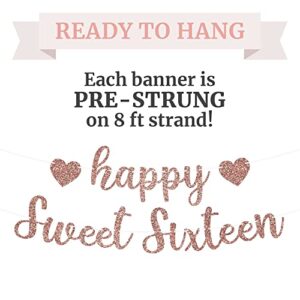 Pre-Strung Happy Sweet Sixteen Birthday Banner - NO DIY - Rose Gold Glitter Sweet 16 Party Banner - Pre-Strung Garland on 8 ft Strands - Rose Gold Birthday Party Decoration. Did we mention no DIY?