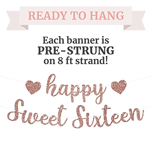 Pre-Strung Happy Sweet Sixteen Birthday Banner - NO DIY - Rose Gold Glitter Sweet 16 Party Banner - Pre-Strung Garland on 8 ft Strands - Rose Gold Birthday Party Decoration. Did we mention no DIY?