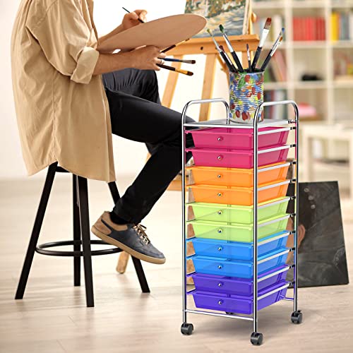 COSTWAY 10-Drawer Rolling Storage Cart, Utility Mobile Trolley with Removable Drawers & Universal Casters & 2 Brakes, Versatile Flexible Drawer Organizer Cart for Home, Office (Rainbow)