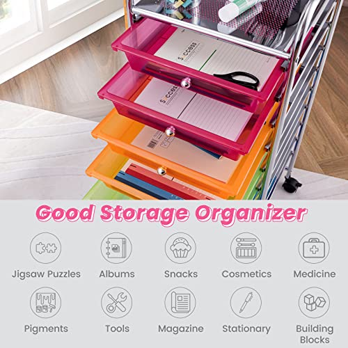 COSTWAY 10-Drawer Rolling Storage Cart, Utility Mobile Trolley with Removable Drawers & Universal Casters & 2 Brakes, Versatile Flexible Drawer Organizer Cart for Home, Office (Rainbow)