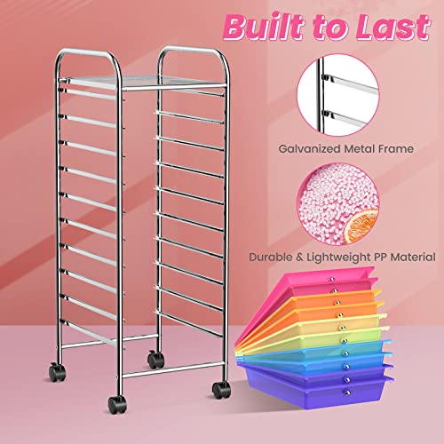 COSTWAY 10-Drawer Rolling Storage Cart, Utility Mobile Trolley with Removable Drawers & Universal Casters & 2 Brakes, Versatile Flexible Drawer Organizer Cart for Home, Office (Rainbow)