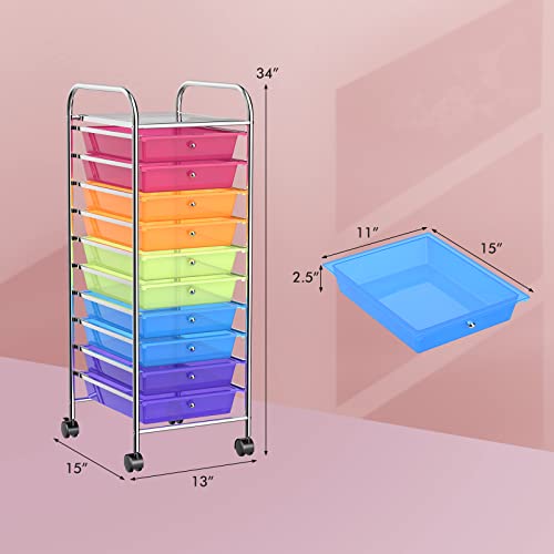 COSTWAY 10-Drawer Rolling Storage Cart, Utility Mobile Trolley with Removable Drawers & Universal Casters & 2 Brakes, Versatile Flexible Drawer Organizer Cart for Home, Office (Rainbow)