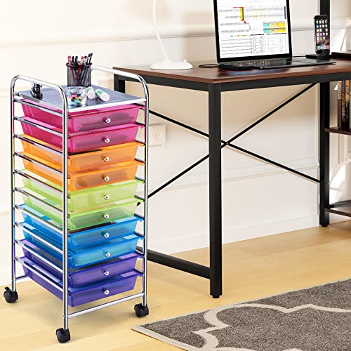 COSTWAY 10-Drawer Rolling Storage Cart, Utility Mobile Trolley with Removable Drawers & Universal Casters & 2 Brakes, Versatile Flexible Drawer Organizer Cart for Home, Office (Rainbow)