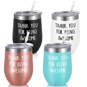 gtmileo thank you gifts, 4 pack thank you for being awesome stainless steel insulated wine tumbler, christmas birthday appreciation gifts for women coworker teacher employee friends(12oz, multi color)