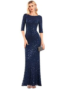 ever-pretty women's crewneck half sleeve sequin mermaid maxi glitter evening dresses navy blue us4