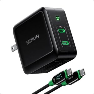 100w fast charger, mokin gan+ dual port macbook pro charger with foldable plug for ipad pro, iphone 15/14, samsung galaxy, xps 13, latitude, inspiron 14/16, envy, chromebook, spectre, elitebook.
