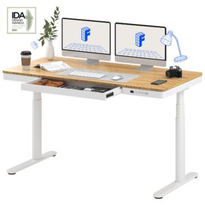 flexispot q8 55" bamboo desktop w/wireless charging, electric standing desk with drawers, dual motor 3 stages sit stand up desk with cable management tray (white oval legs + bamboo top, 2 packages)