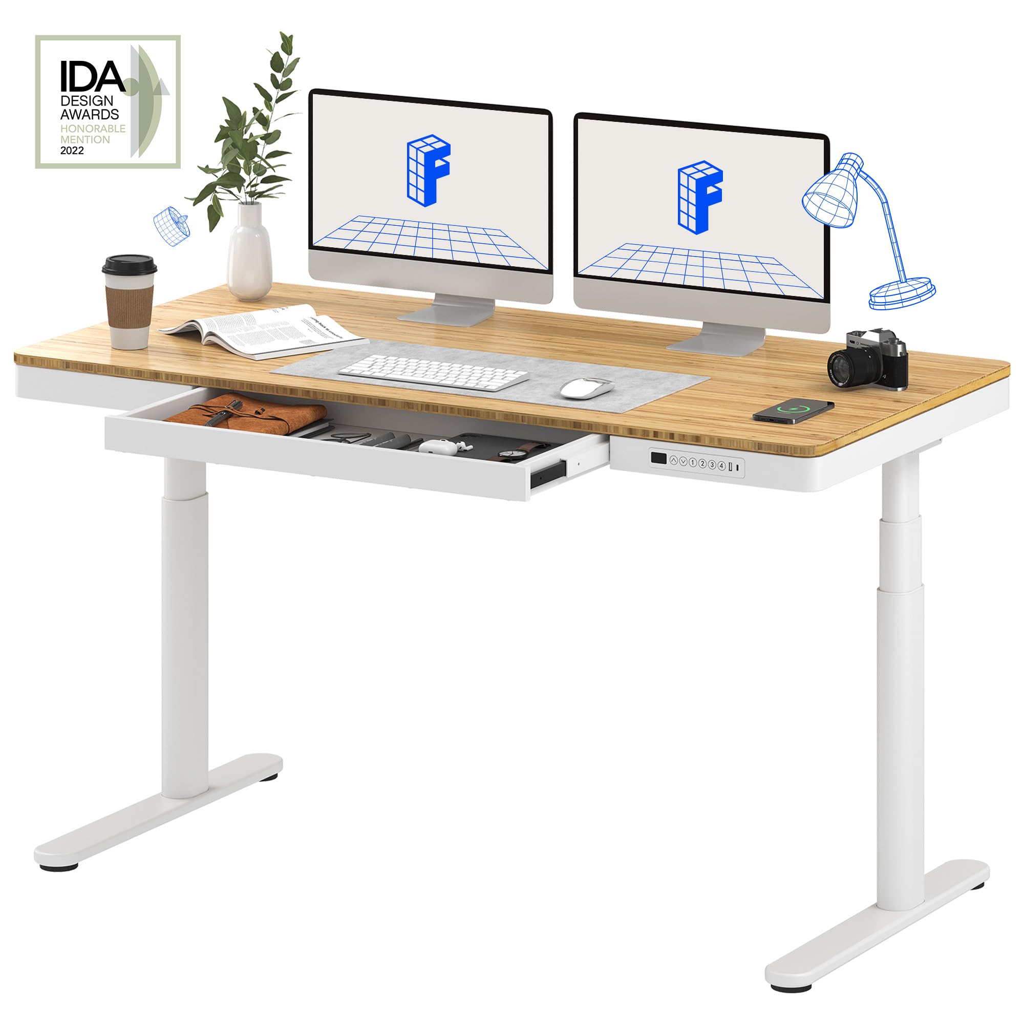 FLEXISPOT Q8 55" Bamboo Desktop w/Wireless Charging, Electric Standing Desk with Drawers, Dual Motor 3 Stages Sit Stand up Desk with Cable Management Tray (White Oval Legs + Bamboo Top, 2 Packages)