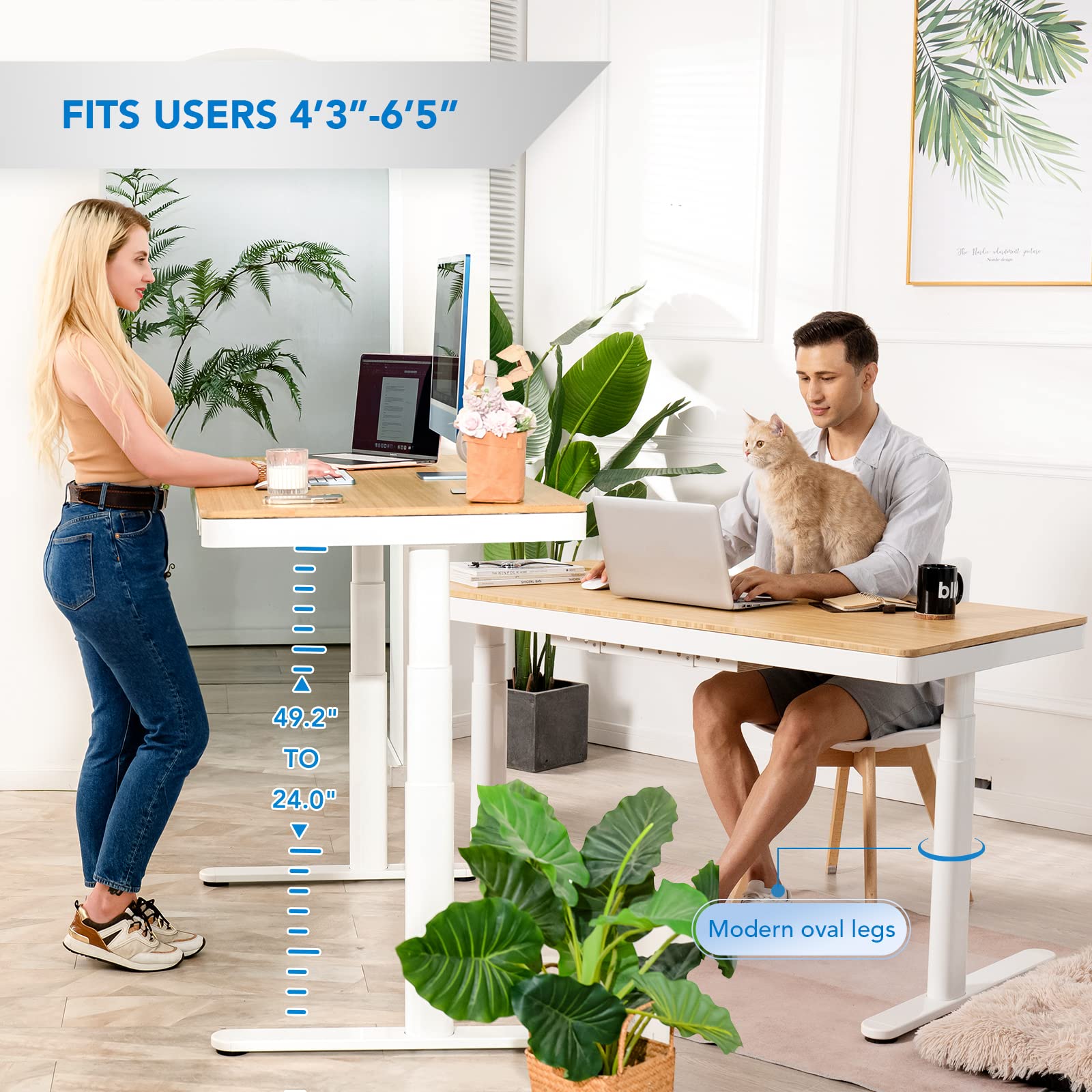 FLEXISPOT Q8 55" Bamboo Desktop w/Wireless Charging, Electric Standing Desk with Drawers, Dual Motor 3 Stages Sit Stand up Desk with Cable Management Tray (White Oval Legs + Bamboo Top, 2 Packages)