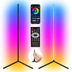 lzhome update 2 pack corner floor lamp: rotatable rgb color changing lighting standing led corner lamp w/bluetooth app remote control, dimmable, music sync & timing, for living room bedroom game room