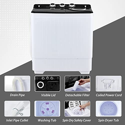 Homguava 26Lbs Capacity Portable Washing Machine Washer and Dryer Combo Twin Tub Laundry 2 In 1 Washer(18Lbs) & Spinner(8Lbs) Built-in Gravity Drain Pump,for Apartment,Dorms,RV Camping (black+white)