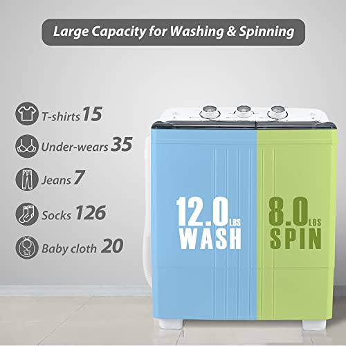 Homguava 20Lbs Capacity Portable Washing Machine Washer and Dryer Combo Twin Tub Laundry 2 In 1 Washer(12Lbs) & Spinner(8Lbs) Built-in Gravity Drain Pump,for Apartment,Dorms,RV Camping (grey+white)