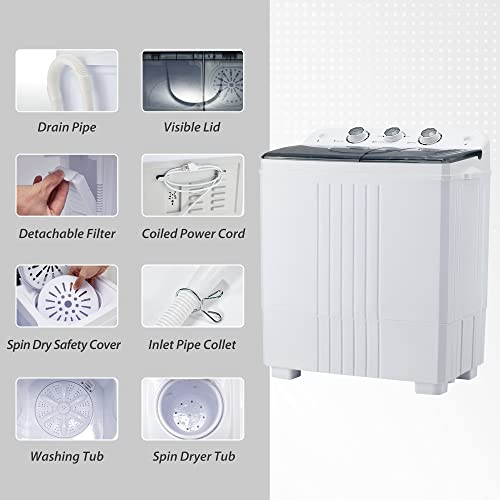 Homguava 20Lbs Capacity Portable Washing Machine Washer and Dryer Combo Twin Tub Laundry 2 In 1 Washer(12Lbs) & Spinner(8Lbs) Built-in Gravity Drain Pump,for Apartment,Dorms,RV Camping (grey+white)