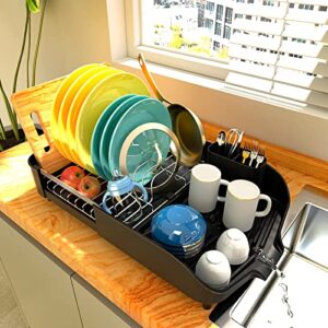 dish drying rack, expandable dish rack for kitchen counter(14'' to 20") auto-drain stainless steel cutlery rack and utensil holder, kitchen dish drainer rack - black