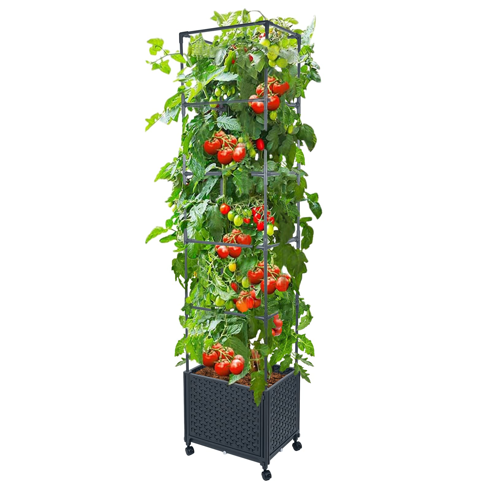 GREEN MOUNT Raised Garden Bed Planter Box with Trellis for Climbing Vegetables Plants, 67.6" Outdoor Tomatoes Planters Tomato Cage w/Wheels