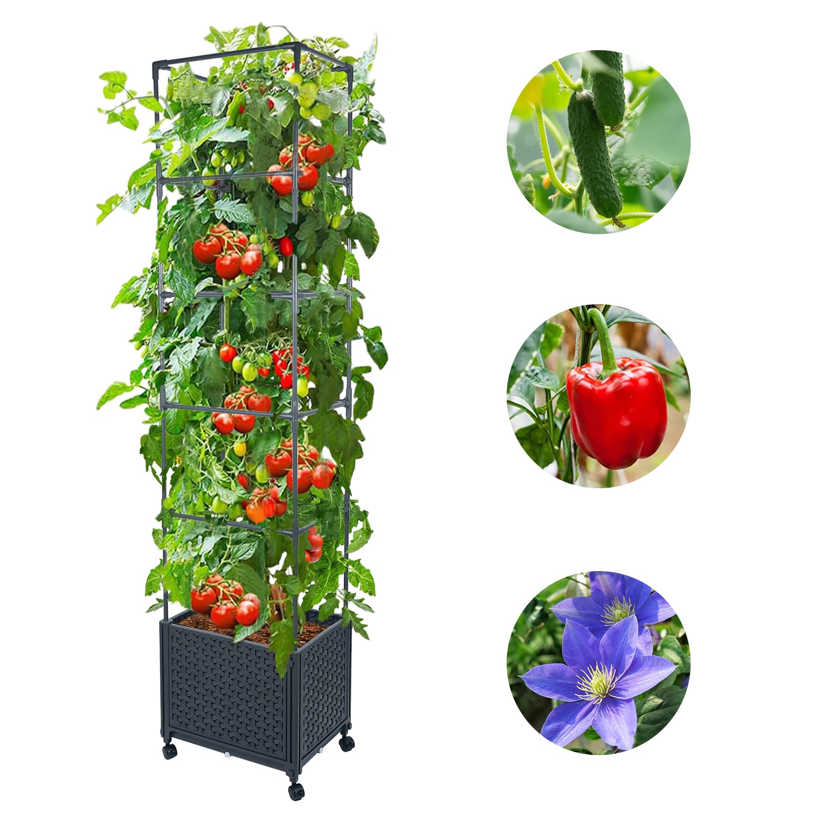 GREEN MOUNT Raised Garden Bed Planter Box with Trellis for Climbing Vegetables Plants, 67.6" Outdoor Tomatoes Planters Tomato Cage w/Wheels