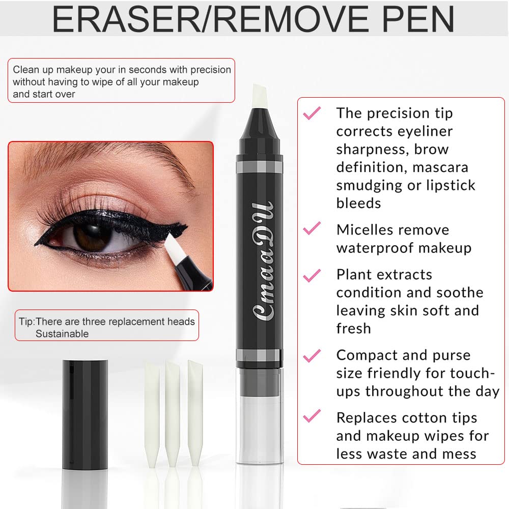 Eye Makeup Remover Pen, Eye Makeup Corrector Pen Makeup Remover Eraser Stick Wash Free Quick Makeup Correction Lipstick Eyeliner Smudged Correction Easy-to Use & Travel-Friendly Makeup Removing Gel Pen With 3-in-1 Replacement Heads